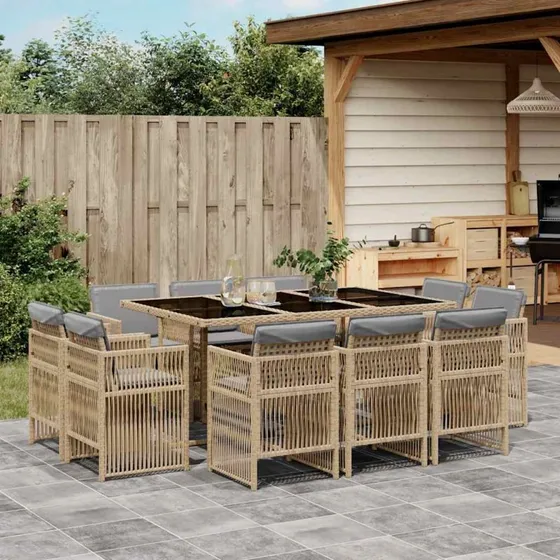 Spisebordssæt i polyrattan 11 dele med hynder – beige