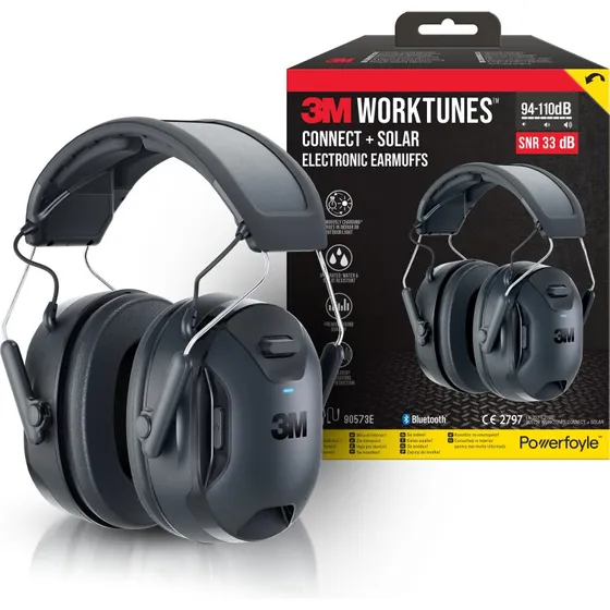 3M WorkTunes Connect+ Solar høreværn m. Bluetooth, sort, SNR 33 dB