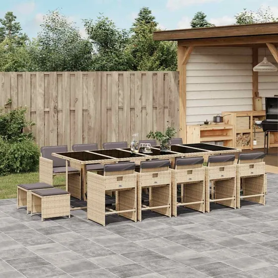 Spisebordssæt i polyrattan 15 dele med hynder - Beige