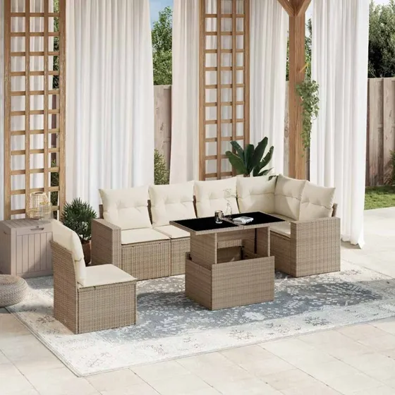 7-delers havesofasæt i polyrattan med hynder, beige