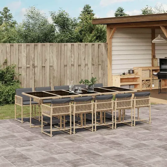 Spisebordssæt til haven 11 dele i polyrattan – beige hynder