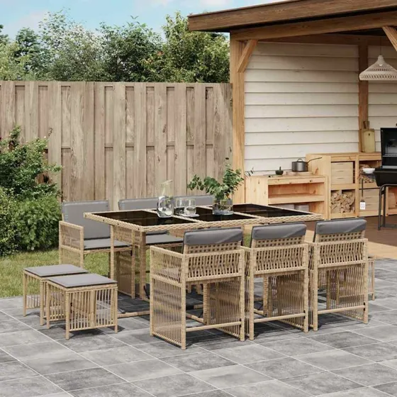 Spisebordssæt i polyrattan 11 dele med hynder - beige