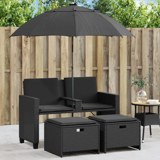 2-personers polyrattan havesofa med parasol, sort