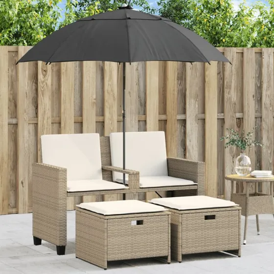 2-personers polyrattan havesofa med parasol og skamler, beige