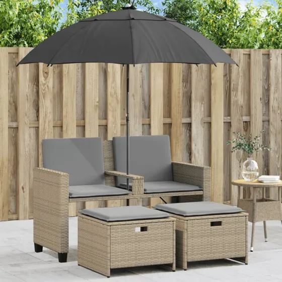 2-personers havesofa med parasol og fodskamler - polyrattan beige
