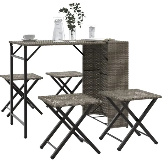 Spisebordssæt i polyrattan 5 dele – foldbart gråt