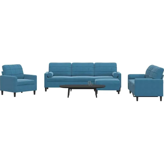 Velour sofasæt 4 dele med hynder og bolsterpuder - blå