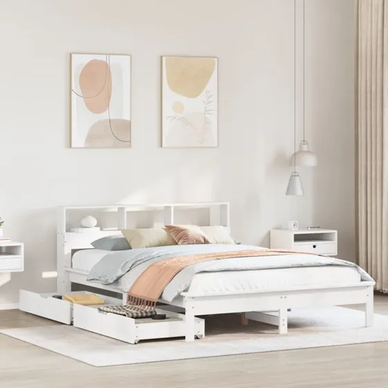 Hvid seng med reol 140x200 i massivt fyrretræ