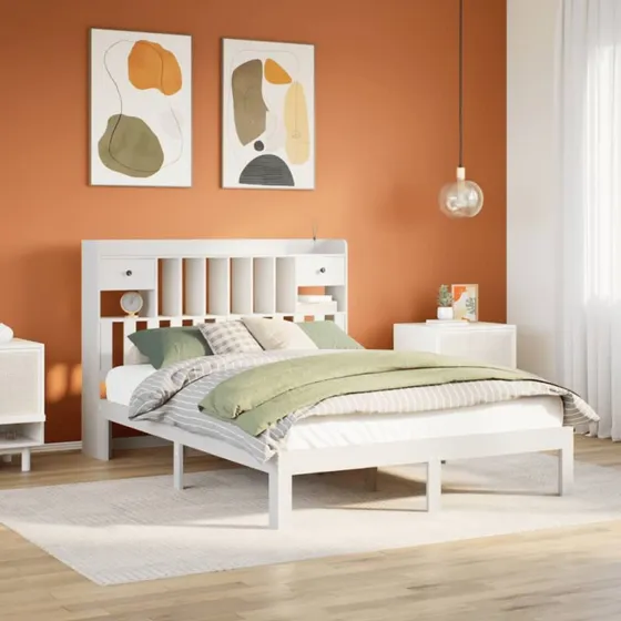 Seng med reol 140x200 i massivt fyrretræ - hvid (uden madras)