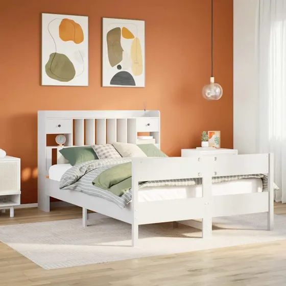 Seng med reol 140x200 cm i massivt fyrretræ, hvid