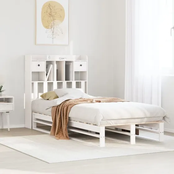 Seng med reol 75x190 cm i massivt fyrretræ — hvid