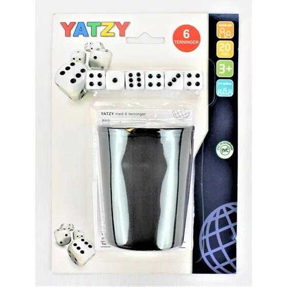Yatzy sæt med terninger, bæger og blok