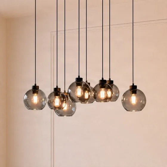 TK Lighting Cubus 8-flammet hængelampe 95 cm, røggråt glas