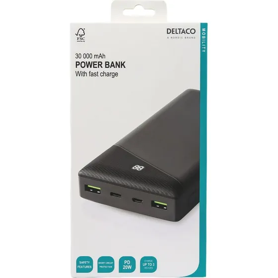 Deltaco Powerbank 30000 mAh USB-C PD + 2x USB-A QC3.0