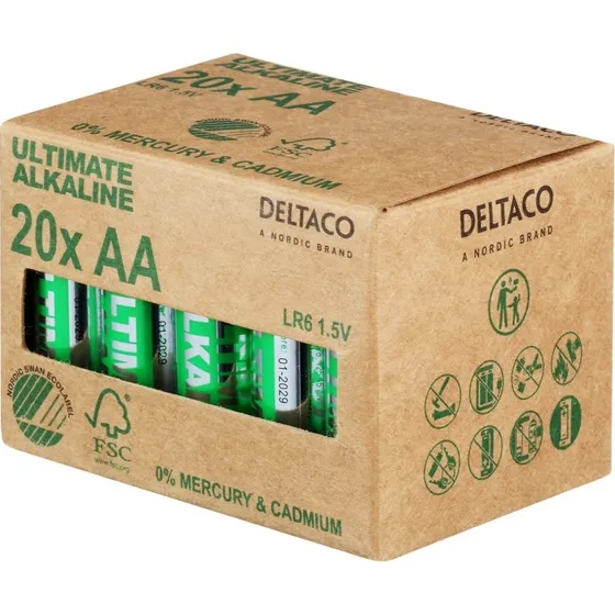 DELTACO Ultimate Alkaliske AA-batterier 20-pack (Svanemärkt)