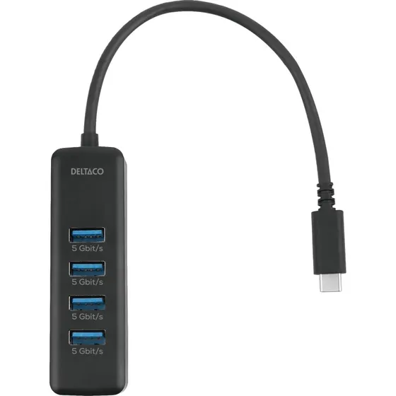 DELTACO USB-C hub 4x USB-A 5 Gbps  Slim, Sort
