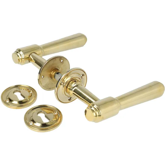 Hornbæk dørhåndtag i blank messing, stor model - inkl. roset & nøgleskilt