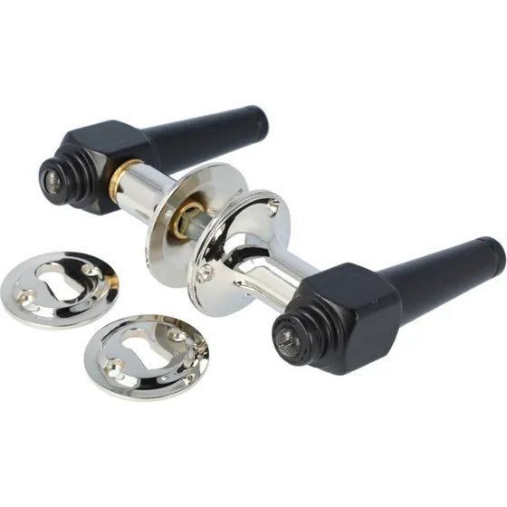 Svanemølle dørhåndtag sort træ med roset & nøgleskilt krom