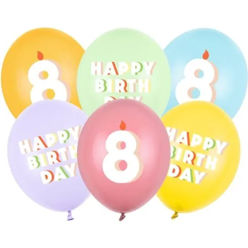 Pastel 6 stk. Balloner 30 cm med tal 8 – Latex mix