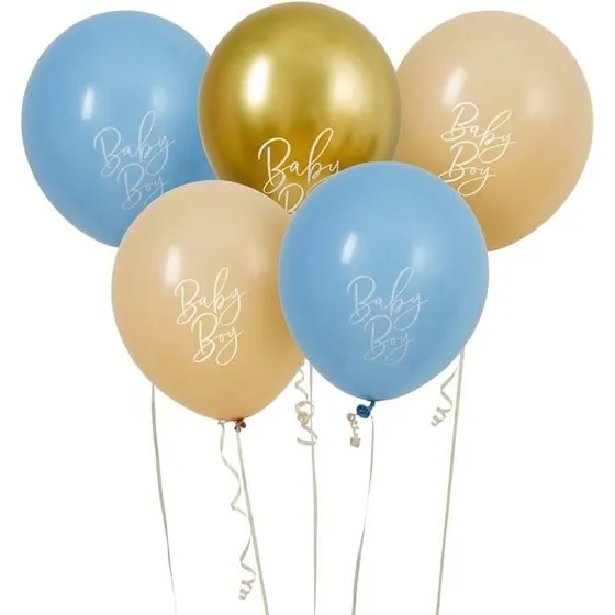 Baby Shower Ballonsæt - Baby Blue, Nude & Guld (5 stk)