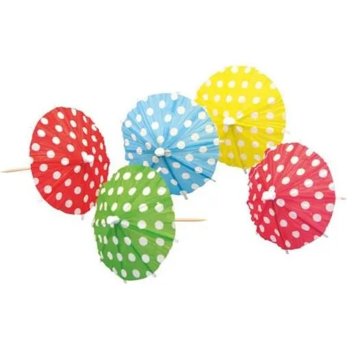 Drinksparasoller kulørte med hvide prikker, 10 stk (10 cm)