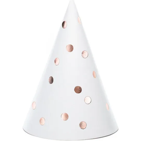 Festhatte 6 stk. Hvid med rosaguld prikker 16 cm