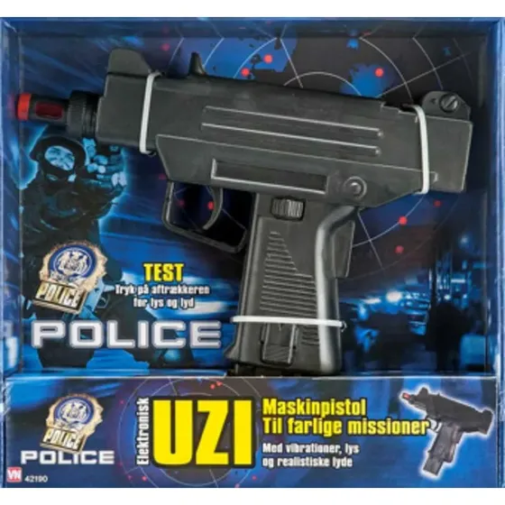 Elektronisk UZI legetjsmaskinpistol m. lys, lyd og rystelser
