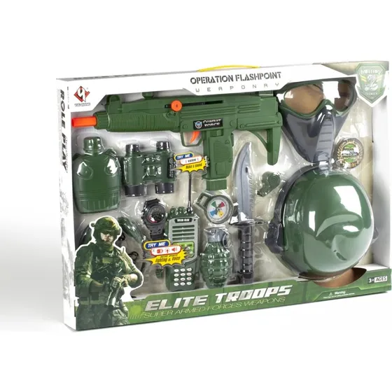 Militrst stor 13 dele - grn, inkl. walkie-talkie