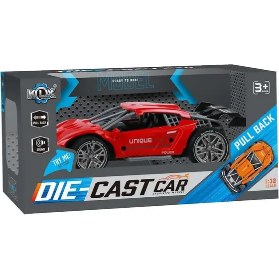 KLX Die-cast pull-back legetjsbil, rd med lys & lyd