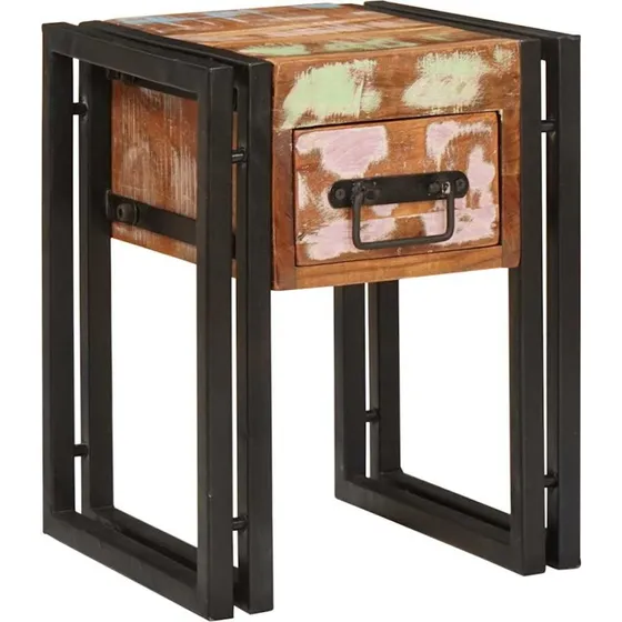 Endebord i genbrugstræ med skuffe 30x30x40 cm - sort/metal