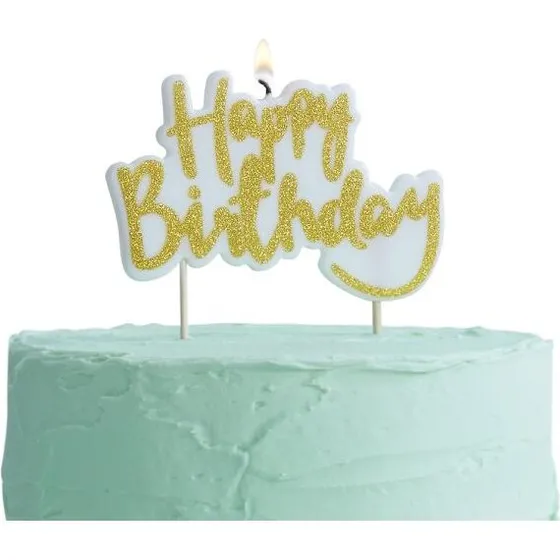 Guldglitrende kagelys 'Happy Birthday' 10 cm