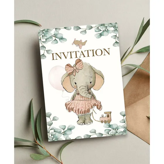 Invitation Elefant pige, 6 stk. med genbrugskuverter