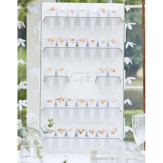 Konfettistand med 32 kræmmerhuse – Botanisk bryllup (77x42 cm)