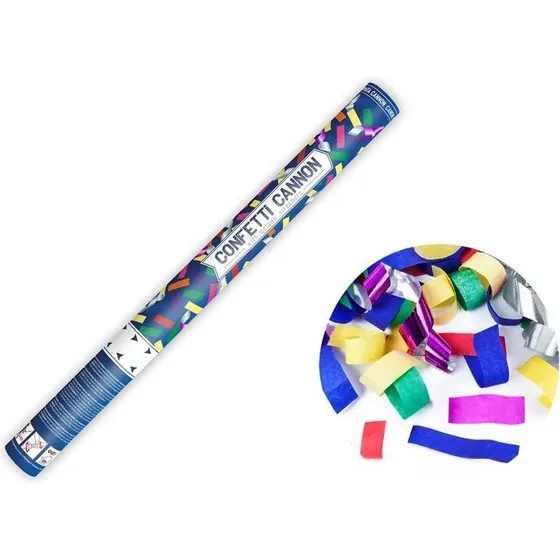 Konfettirør 60 cm – metallic & papirstreamers, mixfarver