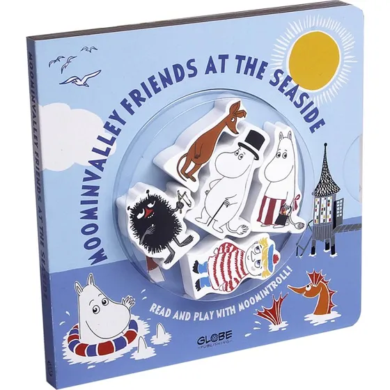 Mumidalens venner på stranden – engelsk bog med træfigurer