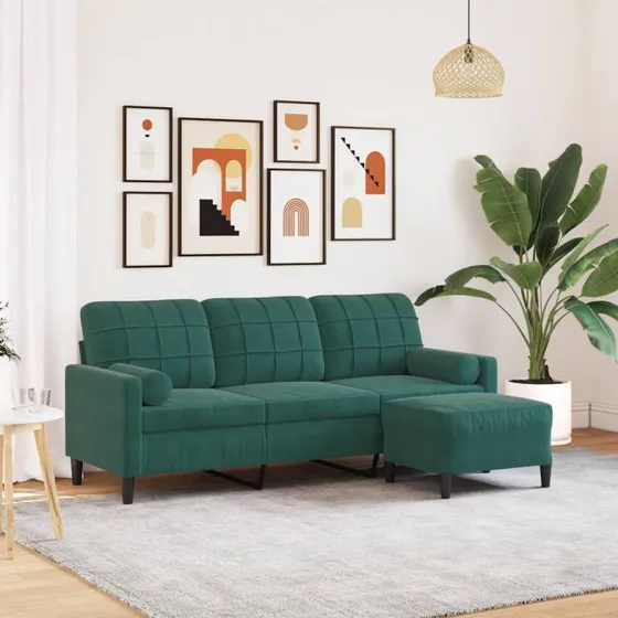 3-personers velour sofa med fodskammel 180 cm – mørkegrøn