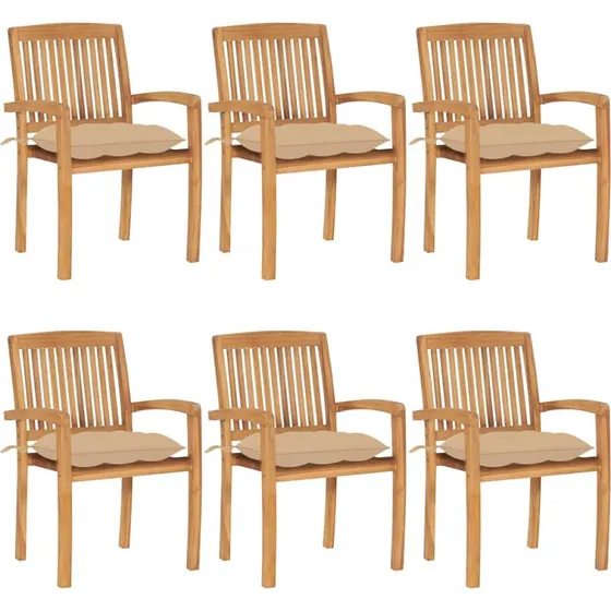 Teak havestole 6 stk. med hynder – stabelbare