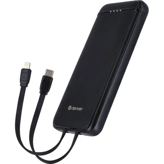 Powerbank 10.000 mAh 18W med indbyggede kabler  Sort