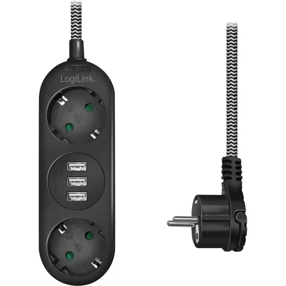 Grenstik 2x jordet + 3x USB, vinklet fladstik, 1,5 m