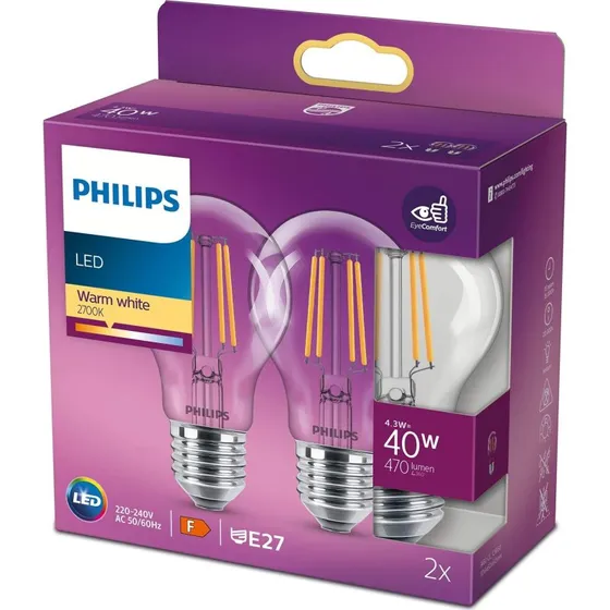 Philips LED Classic Filament 2-pak E27 4,3W klar