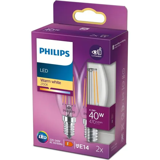 Philips LED Classic Kerte E14 4,3W (2-pak) klar