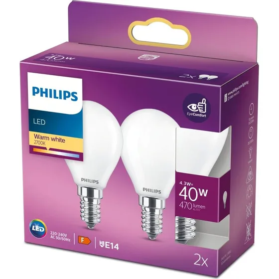 Philips LED E14 Classic Krone 4,3W (40W) 2-pak, varm hvid