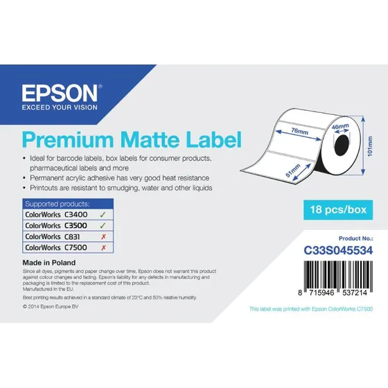 Epson Premium Matte etiketter 76x51 mm, 650 stk (C33S045534)