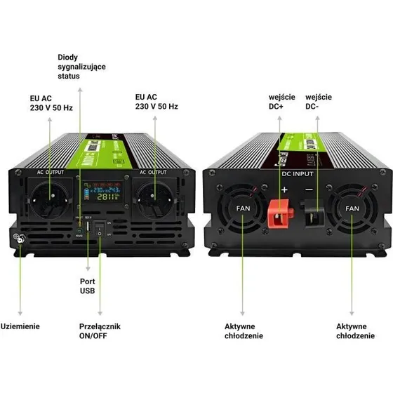 Green Cell 24V230V Inverter 3000W (2 udgange) Sort