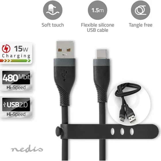 Nedis USB-A til USB-C kabel 1,5 m – Silikone, 480 Mbps