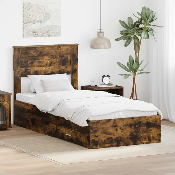 Sengestel 75x190 cm Røget Eg/Sølv med Opbevaring