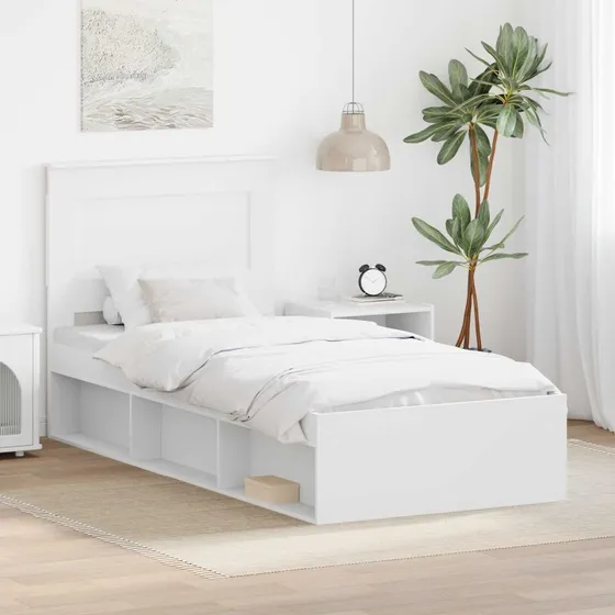 Sengestel i massiv fyrretræ med hovedgærde, 90x190 cm – Hvid
