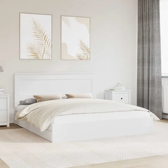 Opbevaringsseng 200x200 cm Hvid – konstrueret træ med skuffe