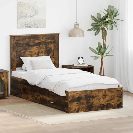 Sengestel Røget Eg/Sølv 75x190 cm med 4 skuffer