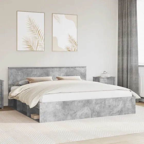 Sengestel med hovedgærde Beton 200x200 cm - Massiv fyrretræ